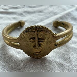 African Brass Cuff Bracelet Tribal Face Design – Handcrafted Statement Jewelry